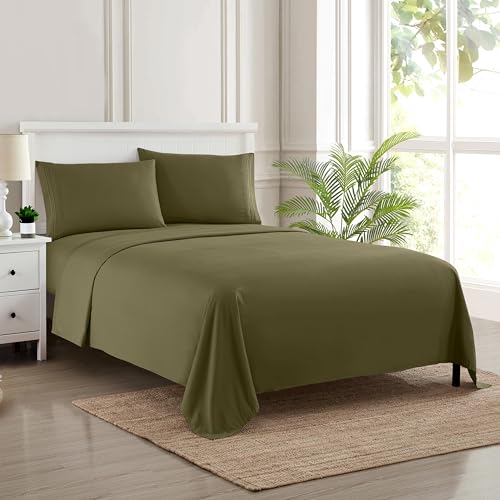 Queen Size Bed Sheets - Breathable Luxury Sheets with Full Elastic & Secure Corner Straps Built In - 1800 Supreme Collection Extra Soft Deep Pocket Bedding Set, Sheet Set, Queen, Olive