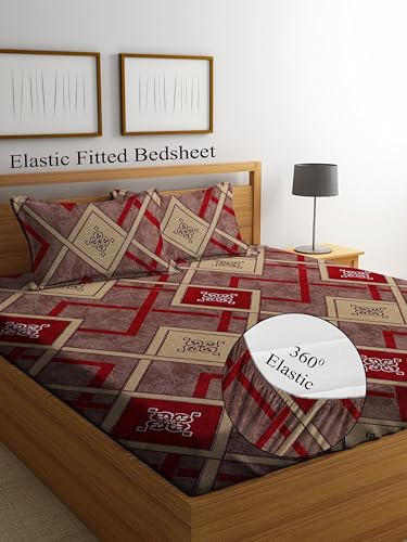 Image of DECORUM Glace Cotton Fitted 1 Bedsheet King Size (72 inchx78 inch) | All Around Elastic | Cotton Feel | 2 Pillow Covers (17 inchx27 inch) | Fits Up to 8 inch Mattress | 200-220 TC | Printed Double Bed Sheet Set