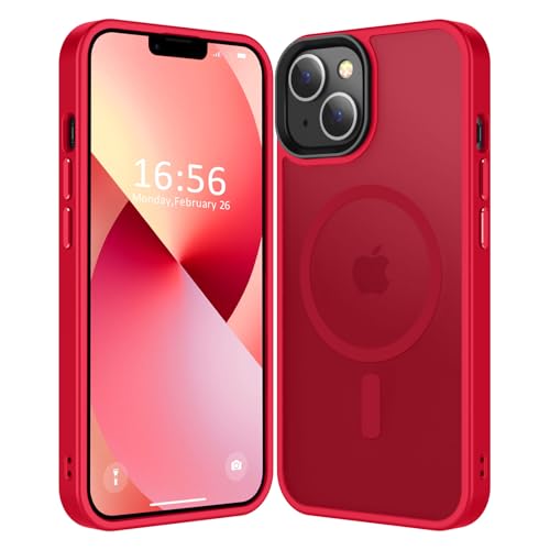 CHEZEAL Compatible with iPhone 14/13 Case [Compatible with Magsafe & Military-Grade Protection] Slim Magnetic Translucent Matte Phone Case for iPhone 13/14 6.1'', Red