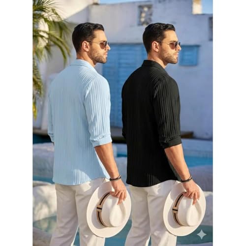 Image of FINIVO FASHION Men's Cotton Blend Shirt Set Lightweight, Full Sleeves, Plain Texture, Button Closure, Summer Ready (Pack of 2)
