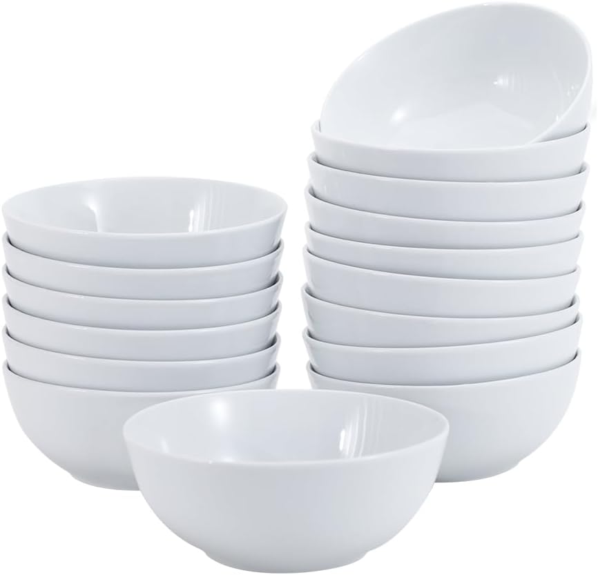 Amazon Basics 16-Pack White Porcelain Coupe Soup Bowl, 5.9" Diameter, Round, Microwave-Safe, Commercial-Grade