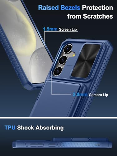 Image of Vihibii for Samsung Galaxy S24 Plus Back Cover with Card Holder (4 Cards) & Slide Camera Cover & Kickstand, Hard Case for Galaxy S24 Plus, Blue