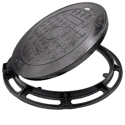 MOSINSBO 24 In Cast Iron Manhole Cover and Frame for 24" Corrugated Pipe, B Class 28100 lbs Heavy-Duty Driveway Septic Tank Lid with Base, Round Black Anti-Slip Inspection Well Cover (True 23.6" ID)