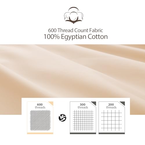 Image of 100% Egyptian Cotton Pillow Protectors Set of 2, 600 Thread Count Standard Size Bed Pillow Cases with Zipper, Sateen Weave Cooling Cases Quiet and Breathable Easy Care (2PCS,Beige)
