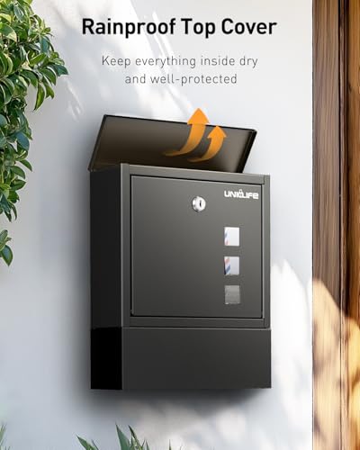 Image of Uniclife Wall Mount Mailbox, Mailboxes for Outside, Large Modern Mail Box with Key Lock, Security Locking Drop Box for Newspaper House Office Outdoor, Black