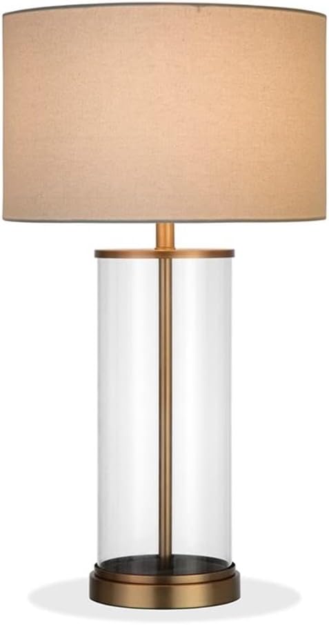 Pemberly Row 28" Classic Glass Table Lamp, Antique Brass Finish, Drum Shade, White Linen Material, Contemporary Mid-Century Design, Ideal for Living Room, Bedroom, Office or Study