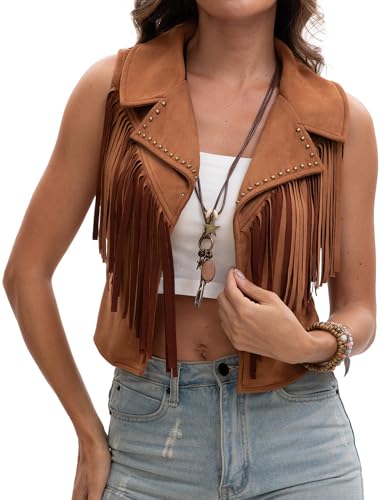 Adigau Damen Weste Vintage Wildlederweste mit Fransen Kurze Elegante Fransenjacken Ärmellos Hippie Jacke Oktoberfest Karneval Kostüme Disco Outfit Braun M
