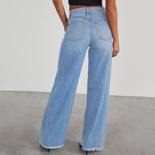 Stretchy Jeans for Women High Waist Wide Leg Boyfriend Jeans Raw Hem Business Casual Cowgirl Denim Pants with Pockets3