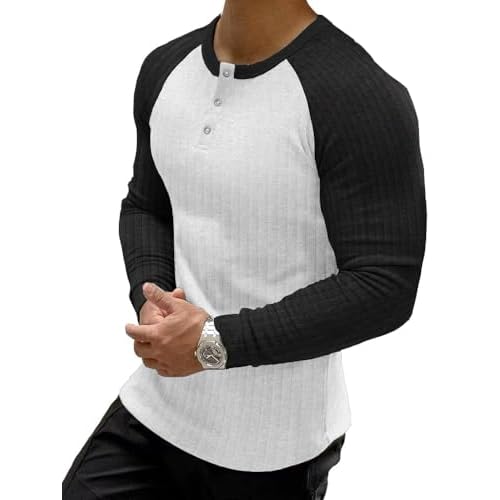 Muscle Cmdr Men's Ribbed Henley Shirt Short Sleeve Slim Fit Muscle Shirt Fitted Cotton Casual Long Sleeve Small White & Black