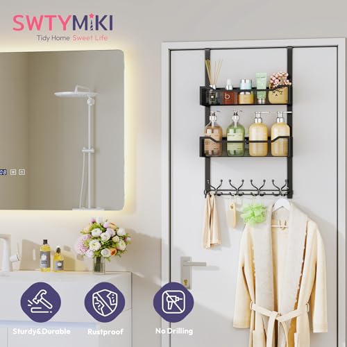 SWTYMIKI Over The Door Hooks Organizer - Multi-Functional Door Hanger with 16 Hooks & 2 Mesh Baskets, Long Coat Rack for Bathroom, Bedroom, Living Room, Home Storage Organizer, Black by SWTYMIKI - Image 2