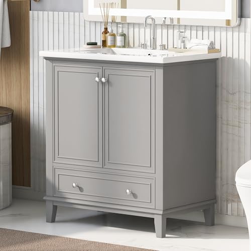 Wekuku 30 Inches Grey Bathroom Vanity with Sink Combo, Multi-Functional Cabinet with Doors & Drawer, Solid Frame & MDF Board, Stylish Storage Solution for Bathrooms (Old SKU: Sy999606aae)