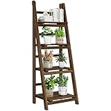 Mugovelo Ladder Shelves - Folding Wooden Ladder Bookshelf, 4-Tier Retro Plant Stand Storage Shelves for Home Living Room, Brown