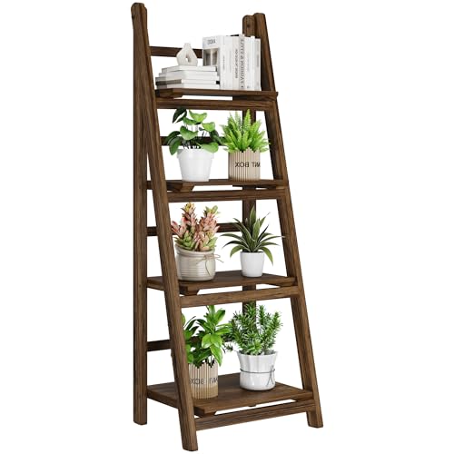 Mugovelo Ladder Shelves - Folding Wooden Ladder Bookshelf, 4-Tier Retro Plant Stand Storage Shelves for Home Living Room, Brown