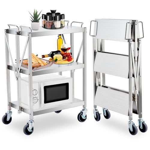 Upgraded Superior Foldable Stainless Steel Utility Cart, 300 LBS Heavy - Duty Load Limit, 3 - Tier Extra - Large Storage with Lockable 360Â° Rotating Wheels, Heavy - Duty Rolling Cart for Restaurant, G