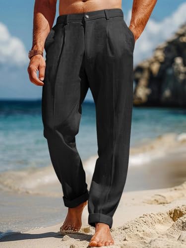 Image of Runcati Mens Casual Pants Elastic Waist Lightweight Loose Pleated Slacks | Summer Beach, Yoga Trousers, Button Closure, Straight Leg, With Pockets, Solid Color