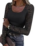 ANRABESS Womens Long Sleeve Shirts Scoop Neck Lace Going Out Tops Slim Fit Rib Knit Casual Blouses 2025 Fall Fashion Outfits Black X-Large