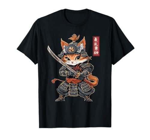Japanese Samurai Cat, Warrior, Vintage & Kawaii Anime Kitten T-Shirt