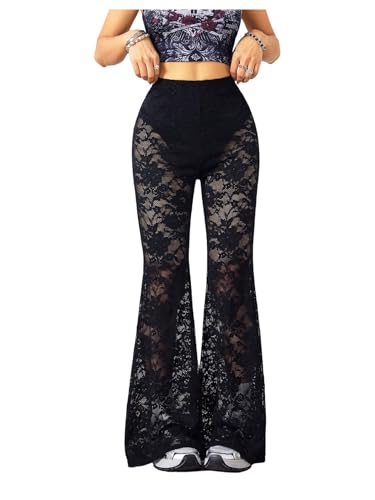 OYOANGLE Women's Lace Flared Pants Y2K High Waisted Skinny Bell Bottoms See Through Sheer Bootcut Trousers