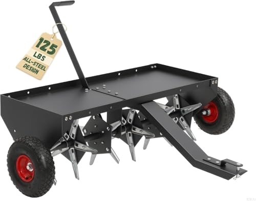 Doniks 48-Inch Tow Behind Lawn Plug Aerator with Universal Hitch Lawn Aerator Tow Behind with 30 Galvanised Steel Tines Tray and Inflatable Wheels for Gardens Lawns Farms