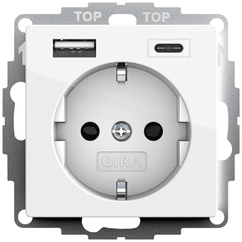 Gira Steckdose USBA & USBC & Schuko Standard 55 Reinweiß glänzend 245903 I Ladeanschluss max.2 4A / 3A I 2fach Anschluss + Schutzkontakt I Berührungsschutz I Unterputz 32mm I System55