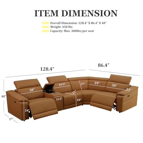 Image of Caramel Power Reclining Sectional Sofa with Cup Holders /Storage, 4 Seater | L-Shaped Recliner Couch with USB Charging /Storage, Home Theater Seating, Leather Furniture for Living Room, House, Apartment