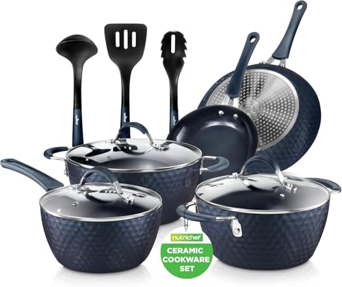 Comparison: Best Blue Diamond Cook Ware 10 NutriChef 11 Piece Pots and Pans Set - Non Stick Cookware Set with Ceramic Coating, Cool-Touch Handles, Induction Ready, Includes Lids, and Utensils - Diamond Blue
