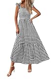 PRETTYGARDEN Women's Summer Dress Casual Square Neck Ruffle Strap Gingham Smocked Midi Flowy A Line Beach Vacation Sun Dresses 2025 (Black White, M)