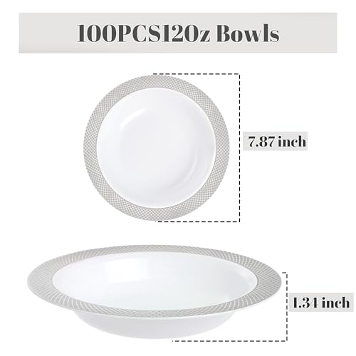 I00000 100 Silver Plastic Bowls,12 OZ White Disposable Bowls,Fancy Plastic Salad Bowl,Premium Heavy Duty Disposable Soup Bowl for Parties,Weddings,Dinners, Catering, Picnics — view 6