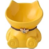 Disoza Ecuelle pour Chats Rehaussée Céramique Porcelaine Ecuelle pour Chats 14.8x14.6x14.3 cm Jaune Bol en Forme de Chat Accessoires pour Chats Station d'alimentation pour Chats Lavable en Machine