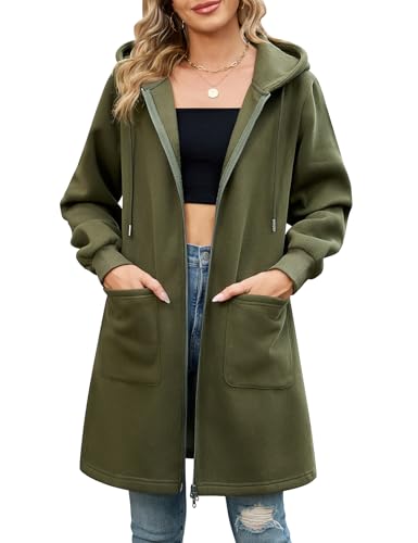 Vancavoo Sweat à Capuche Femme Zippé en Polaire Sweat-Shirt Hoodie Printemps Manche Longue Veste Manteau Automne Sweatshirts avec Poches,Vert Militaire,L