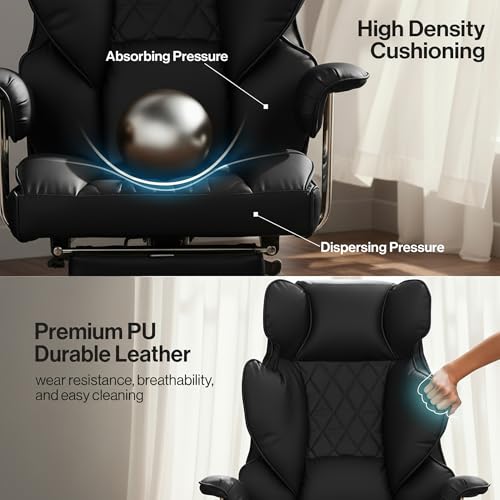 Image of DROGO Ergonomic Office Chair for Work from Home 400LBS, PU Leather Computer Chair for Study with High Back, Cushion Seat, Armrest, Head & Lumbar Support | Gaming Chair with Footrest & Recline (Black)