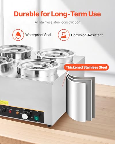 Image of VEVOR Electric Soup Warmer, Four 6.34QT Stainless Steel Round Pot with 86~185F Adjustable Temp, 1500W Commercial Bain Marie with Anti-Dry Burn and Reset Button, Soup Station for Restaurant, Buffet