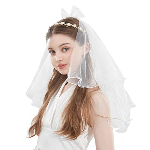 Yelsky Girls First Communion Veil Set, White Lace with Pearl Bow Communion Veil for Girls, White Flower Pearl Wreath Crown
