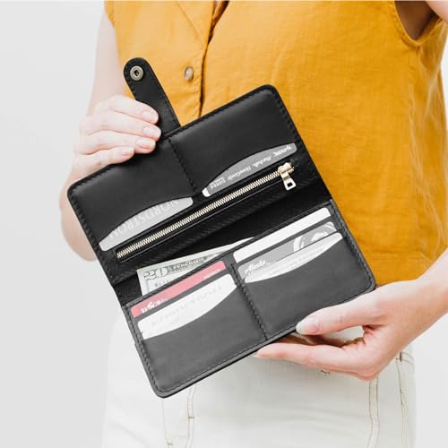 Image of Portland Leather Goods Women's Bifold Wallet - Slim Design with Secure Snap, 8 Card Slots & Interior Zipper Pocket - Black