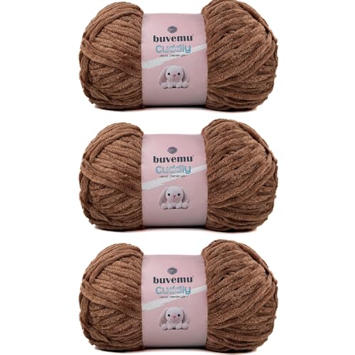 Image of Cuddly Velvet Chenille Yarn, Super Soft Fluffy Bulky for Knitting Crocheting Blanket Amigurumi, Durable for Shedding, 100 Gram (3.53 Ounces) 109 Yards (100 Meters) (Cocoa) (3 Skeins)