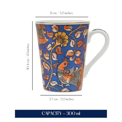Image of GOLDEN QUEEN'S Mugs Set Of 2 For Coffee, Tea, Milk - Ideal For Your Daily Beverage Ritual, Hosting & Casual Gatherings | 24 K Gold On Rim - Kalamkari Hues In Blue, 300 Ml