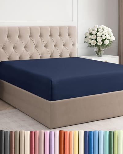 Full Fitted Bed Sheet - Bottom Single Fitted Sheet Only - Ultra-Soft Hotel Luxury Bedding w/ 8-16 Inch Deep Pockets - Breathable, Cooling & Wrinkle Free - Easy-Fit, Fade & Shrink Resistant - Navy Blue