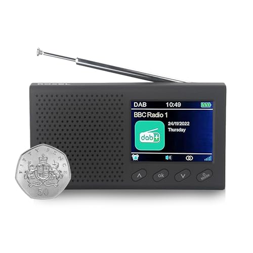 Roxel Pocket DAB/DAB+ and FM Radio | Rechargeable Battery Pocket Radio with10+ Hours Playback |, Dual Alarm, 20 Presets, and Full Colour LED Display | USB, Headphone Jack