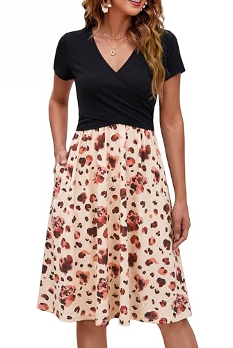 Image of OUGES Maternity Nursing Dress Breastfeeding Short Sleeve V Neck Casual Pregnancy Clothes with Pockets