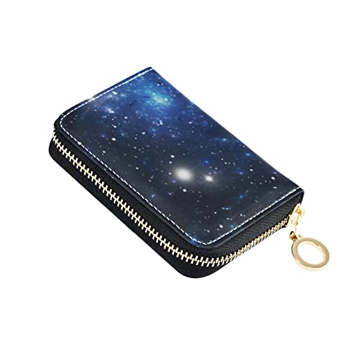 Black Blue Galaxy Space Shiny Stars Nebula White Glaring Stars Grey Credit Card Coin wallet, RFID Blocking Compact Women Leather Card Holder, Key Change Organizer, Zipper Purse Clutch Pouch