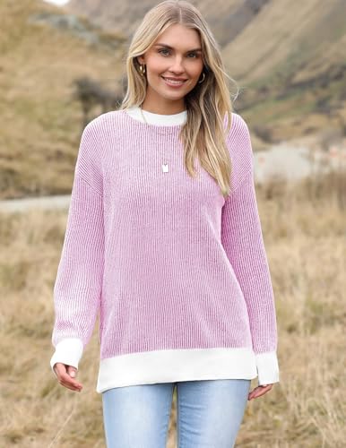 Image of Zeagoo Women 2026 Fall Lightweight Oversized Sweater Crew Neck Long Sleeve Color Block Pullover Rib Knit Blouse Tops XS-2XL