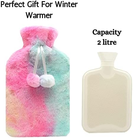Olivia Rocco Rainbow Tie Dye Faux Fur Hot Water Bottle with Pom Poms Thermotherapy Hotwater Plush Fleece Bottles Hand Feet Warmer Neck and Shoulder Pain Relief Winter Gift
