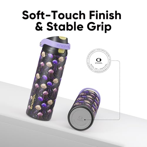 Image of ENCOOL Leakproof Insulated Water Bottle with Straw Dual-Sip Water Bottle Bag-Safe Design for Work, Commute & Gym - Keeps Drinks Cold All Day, 24 oz, Neon Jellyfish