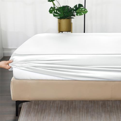 Image of Ersmak Silk Satin Fitted Sheet, Soft Deep Pocket Bottom Luxury King Fitted Sheet, Wrinkle Free, Breathable, Fade Resistant - Ivory White
