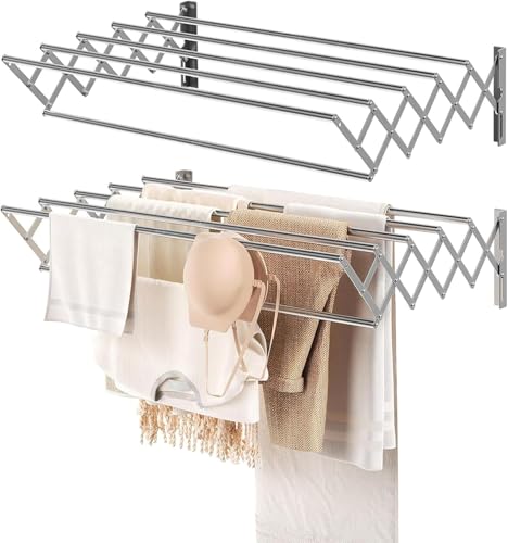 TourKing Clothes Drying Rack, 80cm 6-Rod Laundry Retractable Towel Foldable Clothes Airer Wall Mounted, Space Saving Clothes Drying Rack for Indoor Outdoor Drying Space Silver