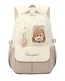 Amythe Schulrucksack für Mädchen 1.-5. Klasse, Schulranzen Mädchen Leichter mit Trolley-Gurt und Plüschtier, Lässiger Schultasche Kinder für Schule, Reisen und Sport, Braun
