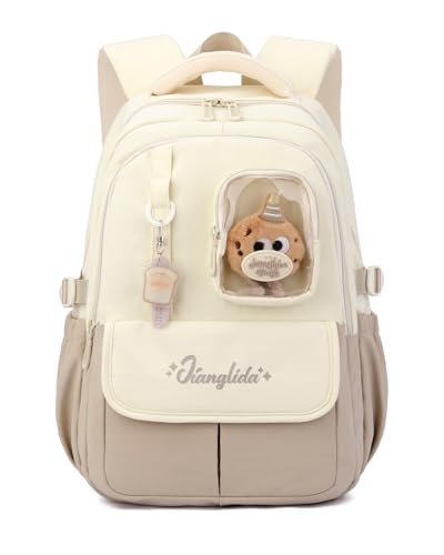 Amythe Schulrucksack für Mädchen 1.-5. Klasse, Schulranzen Mädchen Leichter mit Trolley-Gurt und Plüschtier, Lässiger Schultasche Kinder für Schule, Reisen und Sport, Braun