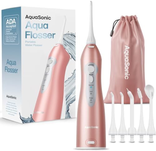 Aquasonic Aqua Flosser - Professional Rechargeable Water Flosser with 4 Tips - Oral Irrigator w/ 3 Modes - Portable & Cordless Flosser - Kids and Braces - Dentist Recommended (Rose Gold)