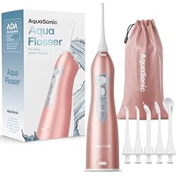 AquaSonic Aqua Flosser Water Flosser, ADA Accepted, Rose Gold | Clinically Studied, Cordless, 5 Jet Tips, 3 Modes, 360° Rotating Tips, Waterproof, Rechargeable, Travel Bag, Braces Care