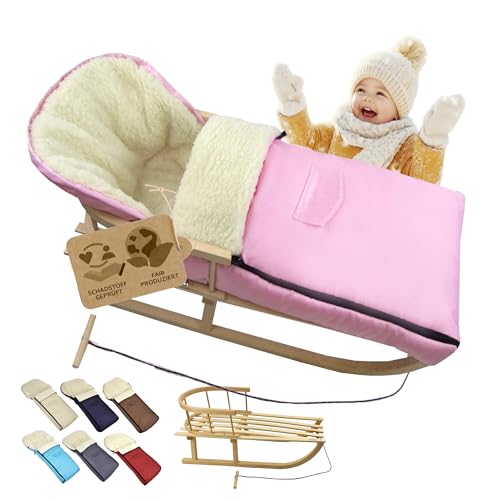 BambiniWelt Trineo de madera con respaldo y cuerda de tracción + saco de invierno de 108 cm – Lana de cordero impermeable – Conjunto combinado para cochecito y silla de paseo (rosa)